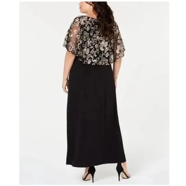 Connected Apparel NWT 39P Black‎ Champagne Floral Lace Capelet Maxi Dress 12 - Image 2