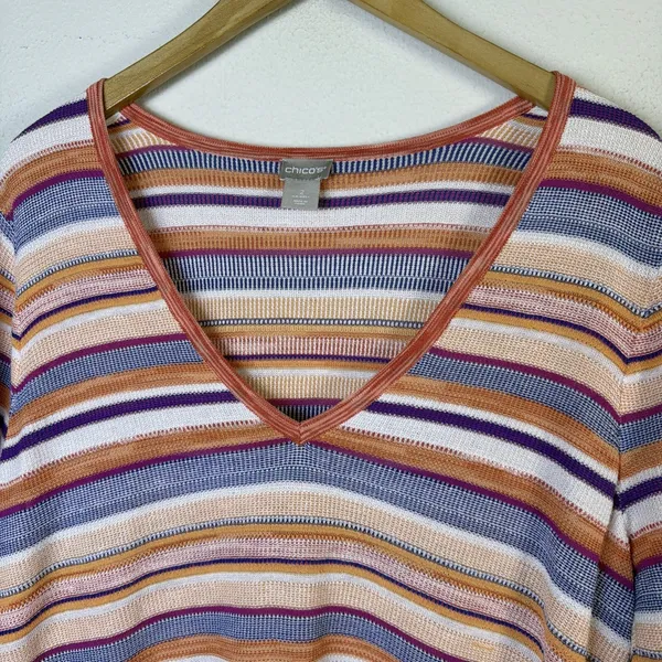 Chico's 2 Multi Color Striped Sweater Top large Linen blend Orange fall festival - Image 3