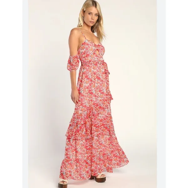 Lulus Posh Petals Red Floral Lurex Cold Shoulder Maxi Dress Size Large‎ Boho - Image 4