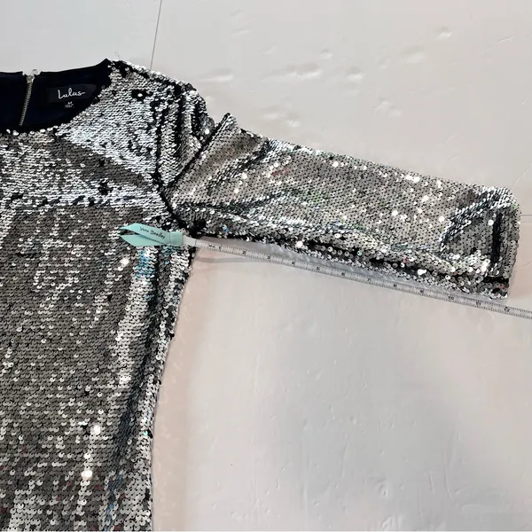 Lulus Main Event Silver Sequin 3/4 Sleeve Sheath‎ Dress MEDIUM - Image 9