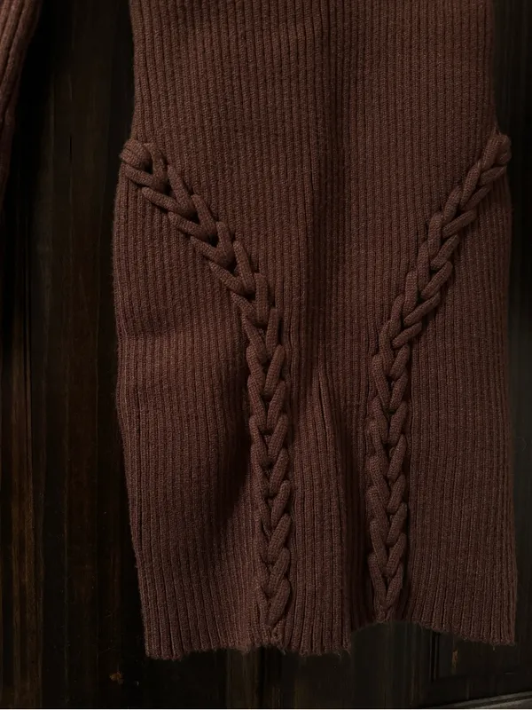 Forever 21 Brown Ribbed V-Neck Sweater Dress with Braided Detail - Image 2