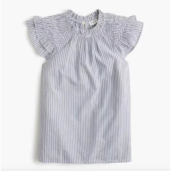 J.Crew Striped Flutter Sleeve Top Blouse Cotton White Blue Preppy Medium NWT - Image 2