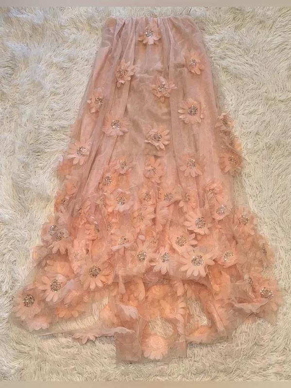 NEW HELSI Athena Bead & 3D floral Appliqué Strapless Mesh Pink Pearl Gown sz S - Image 4