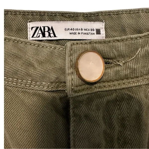 ZARA High-Waisted Wide-Leg Jeans – Olive Green with Raw Hem - Image 2