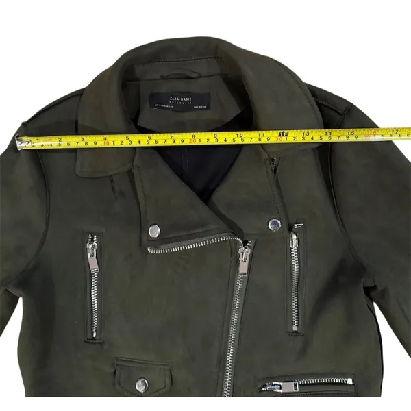 Zara Women's Olive Green Faux Suede Biker Jacket Size M - Image 5