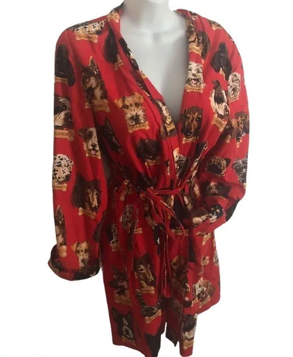 Nick & Nora Dog Milk Bone Belted Shortie Robe Red Sz. S Dog Lovers Favorite - Image 2