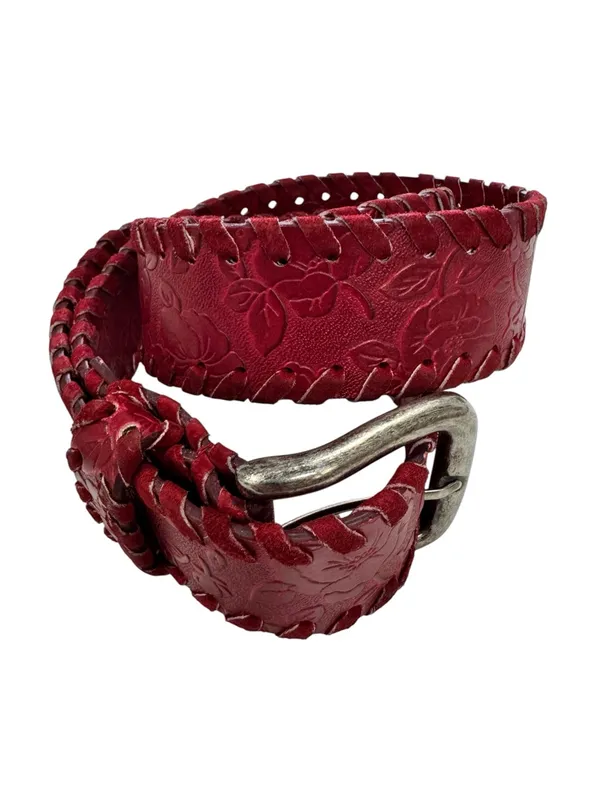 Red Floral Embossed Leather Belt Whipstitch Edges Silver Buckle Wide - Image 2