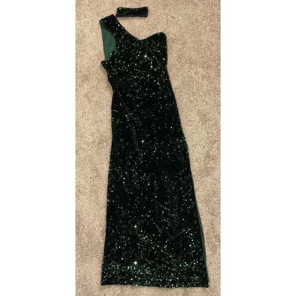 Double Crzy Emerald Green Sequin One-Shoulder Prom Formal Gown, sz S - Image 4