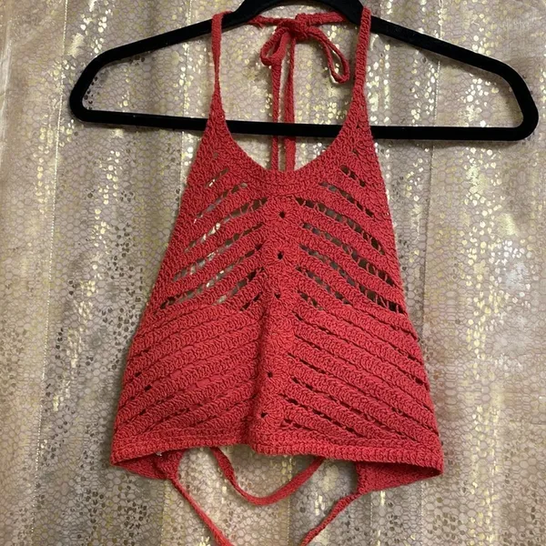 Crocheted burnt‎ rust orange high neck halter boho bikini swim top, size M/L - Image 2