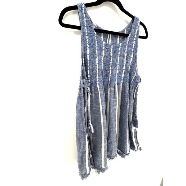 Free People Obi Posey Smocked Tank Top Striped Boho Hippie M Blue White Fringe - Image 5