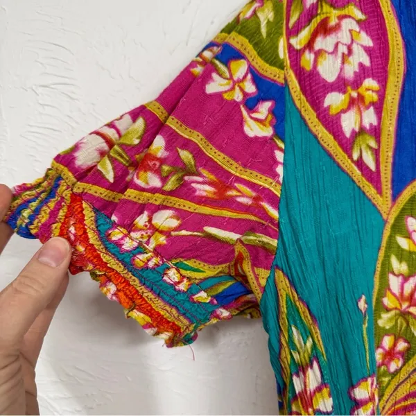 Haute Hippie Pink Blue Tropical Floral Print Blouse Womens XL Beachy Vacation - Image 2