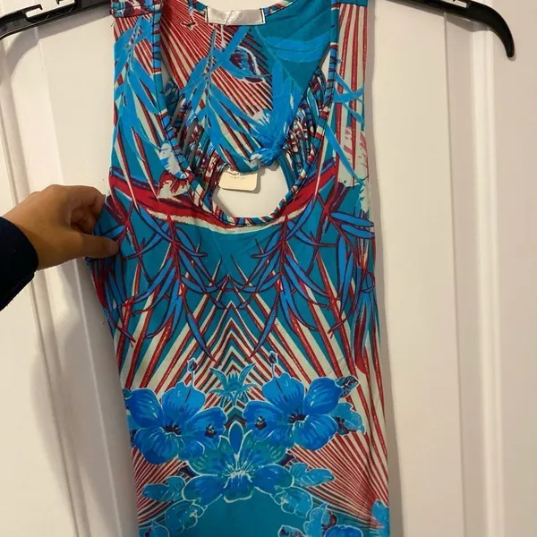 Julia Tropical Hibiscus Maxi Dress Womens Small Turquoise Red Fringe Cutout Back - Image 2