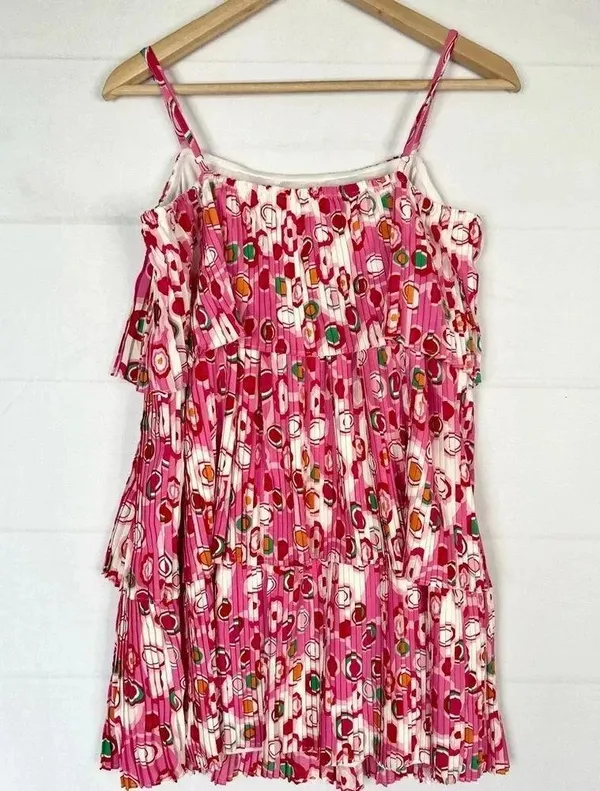 TCEC Pleated Tiered Circle Print Mini Dress Spaghetti Strap Pink Red White M - Image 9