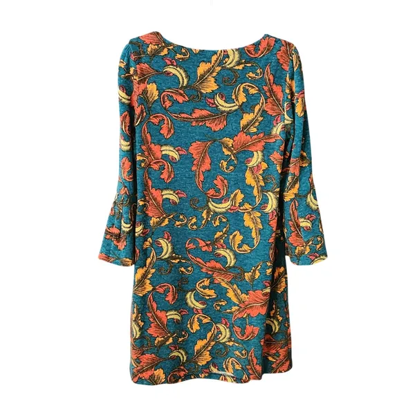 Aryeh Knit Dress Women'sTeal‎ Orange Feather Print Bell Sleeve, Large - Image 6