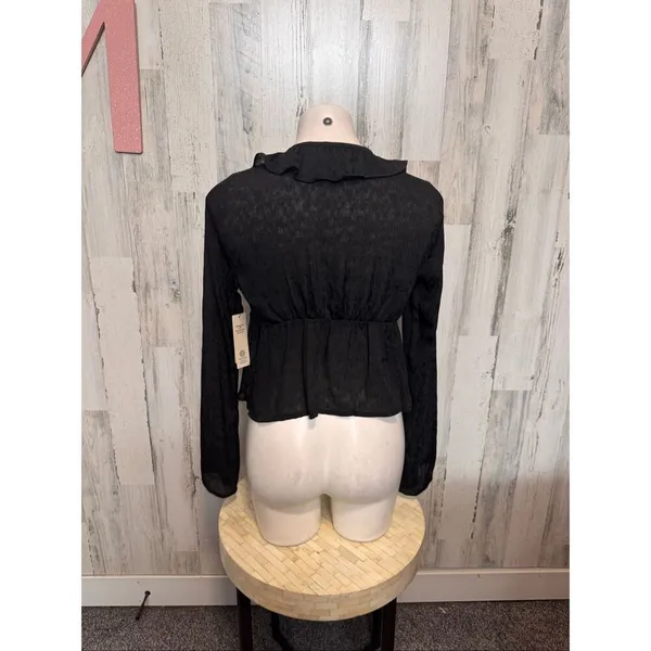 No Boundaries Black Ruffle Cardigan Top Womens Medium 8-10 Tie Front Long Sleeve - Image 7