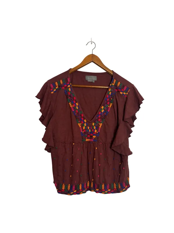 Anthropologie Brown Embroidered Bohemian V-Neck Ruffle Short Sleeve Top - Image 7