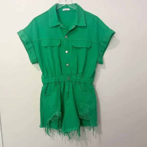 HERRINGSTONES Lida Kate Lucky‎ Me Green Denim Romper Size Medium NWOT - Image 2