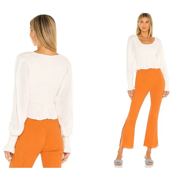 Free People Free Spirit Smocked Crop Top S Ivory Cream Peplum Ruffle Knit Blouse - Image 3