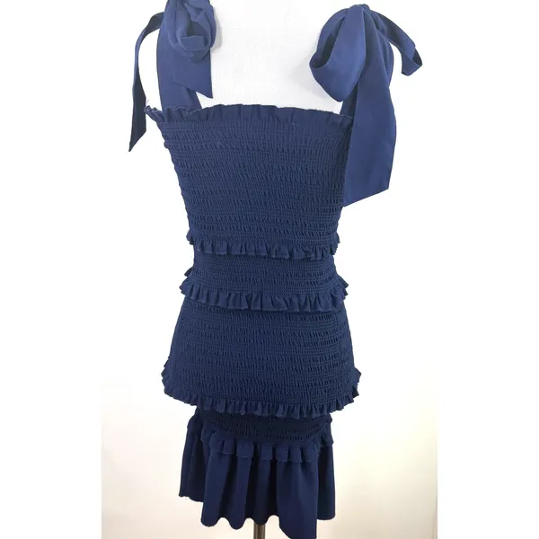 Altar'd State Navy Blue Ruffle Smocked Shoulder Tie Bodycon Dress Size XS - Image 5