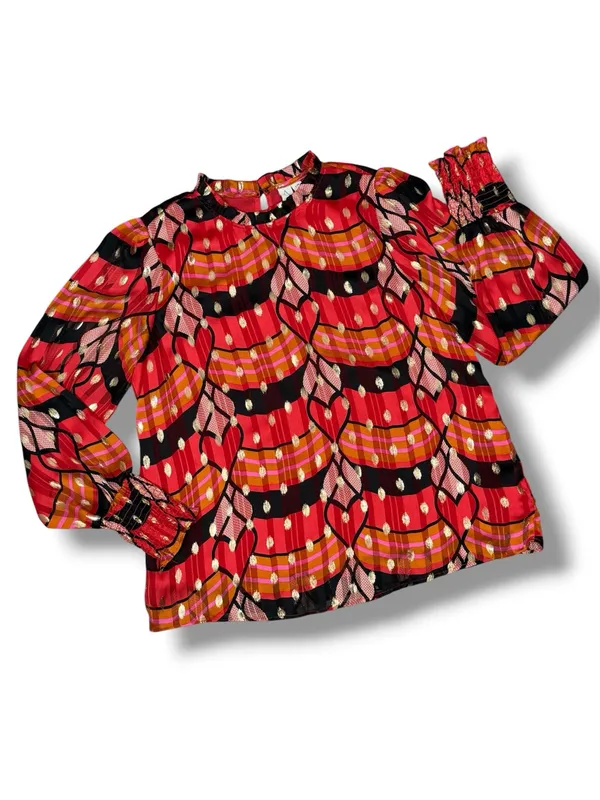 J Joie Printed Metallic Polka Dot Blouse Red Black‎ Pink Multi Large Smocked - Image 12