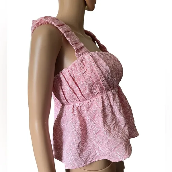 NEW Entro Pink Preppy Barbie Textured Pleated Babydoll Crop Top - Image 3
