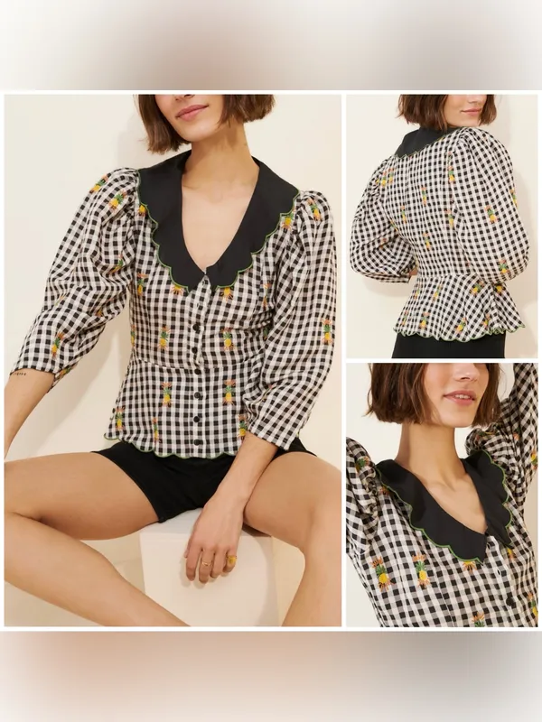 FARM Rio Linen Blend Gingham Embroidered Top - black - Large - Image 2