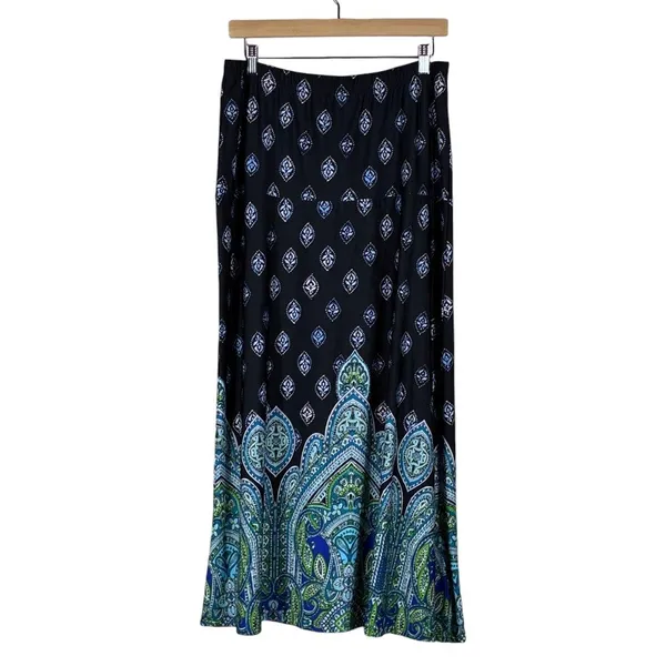 Southern Lady Paisley Border Print Maxi Skirt Black Blue Boho Stretch Size M - Image 4
