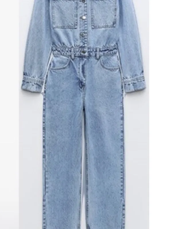 NWT ZARA Light Wash Denim Jumpsuit Boiler Long Sleeve Button Front S 0108/236 S - Image 4