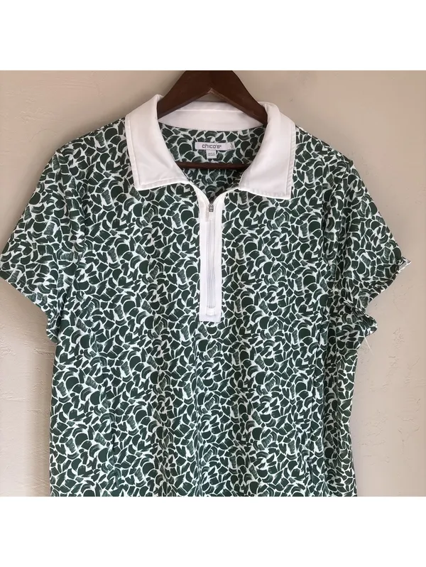 Chicos Polo Dress Womens 3 XL Green White Abstract Print Zip Golf Tennis EUC - Image 2