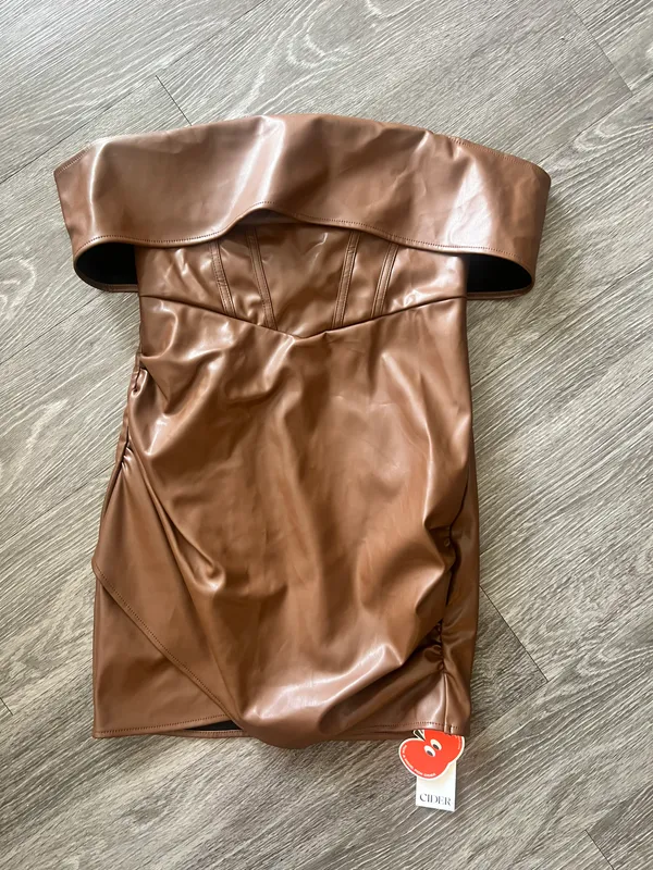 Cider Off The Shoulder Brown Leather Dress - Image 5