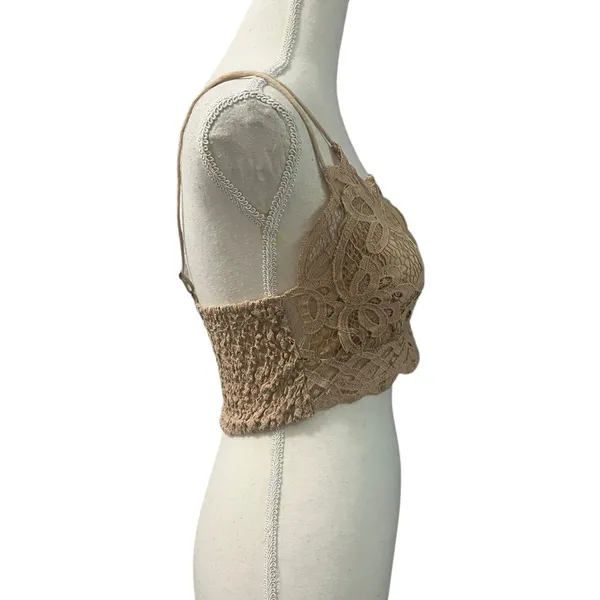 Free People One Adella Bralette Crochet Lace Tan Camel Nude Cross Strap Boho M - Image 5