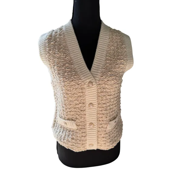 Heartloom Bouclé Sweater Vest Cream Ivory Pearl Button Front Pockets S - Image 3