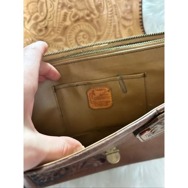 VTG Hand Tooled Leather Purse Hand Bag Brown Floral SouthWestern Beautiful - Image 5
