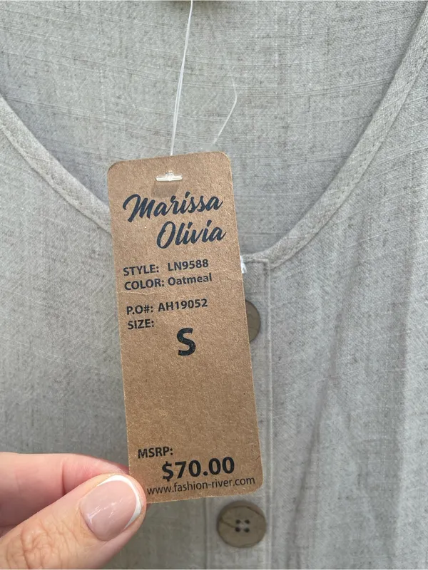 Marissa Olivia Women’s Small Oatmeal Linen Blend Tiered Button Front Midi Dress - Image 3