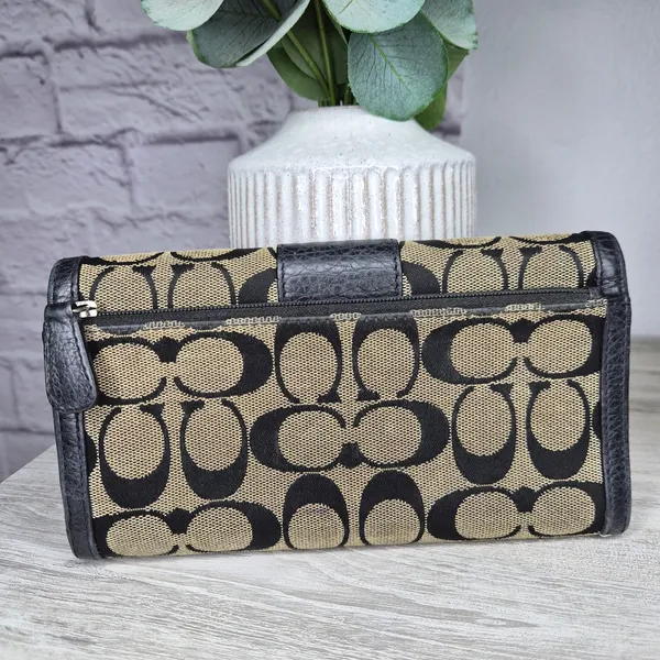 Coach Signature Jacquard Trifold Wallet Black Beige Canvas Leather Checkbook Y2K - Image 4