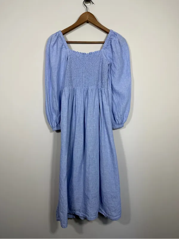 J.Crew Linen Daydream Dress Blue Smocked Puff Sleeve Midi Size S - Image 2