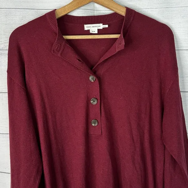 Good American Henley Sweater S/M Wine Red Ribbed Knit Quiet Luxury Pullover - Image 3