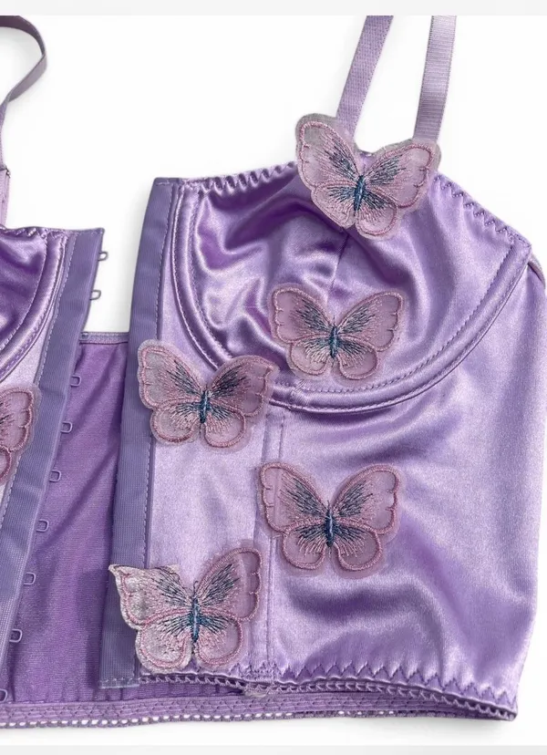 Purple satin corset top with butterfly embroidery - Small - Image 2