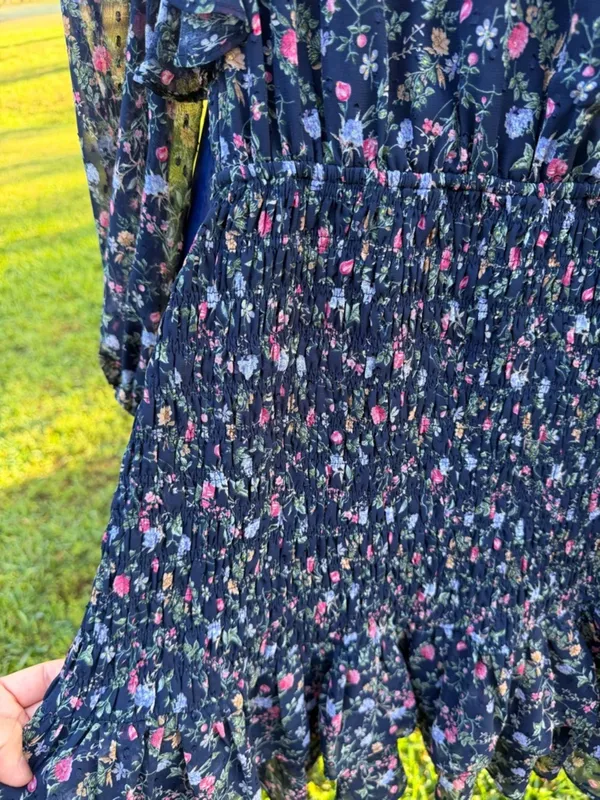 Lush Clothing Floral Smocked Mini Dress Medium Navy Blue Ruffle Long Sleeve Cottagecore - Image 8