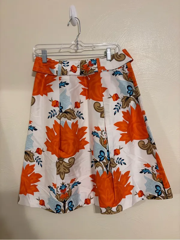 Talbots Bare Silk Floral A-Line Skirt Orange Blue Size 4 Belted - Image 9