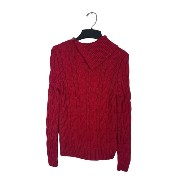 Lauren Ralph Lauren M Red Cable Knit Shawl Collar Button Shoulder Sweater Chunky - Image 5
