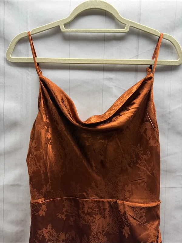 Lulu's Rust Orange Under the Moonlight Satin Jacquard Maxi Slip Dress Medium - Image 8