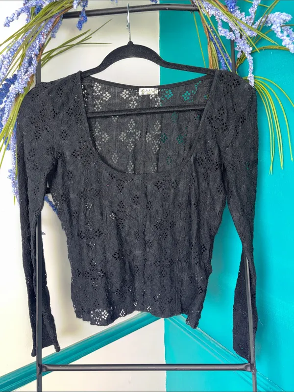 Free People Black Crochet Long Sleeve Top - Image 2