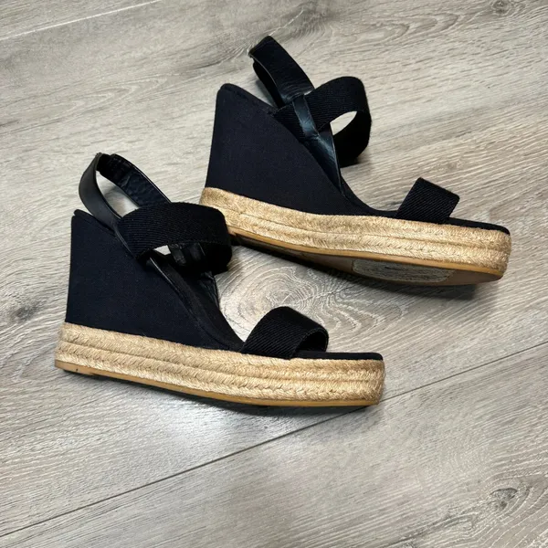 Tory Burch Black Canvas Espadrille Wedge Sandals Jute‎ Platform Heels Size 10.5 - Image 5