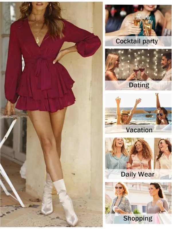 Selfie Leslie Burgundy Red V-Neck Ruffled Mini Romper - Image 11
