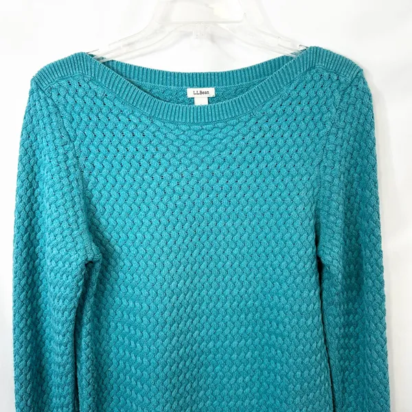 LL Bean Large Sweater Teal Textured Knit Crew Neck Long Sleeve Cotton‎ 1702 - Image 6