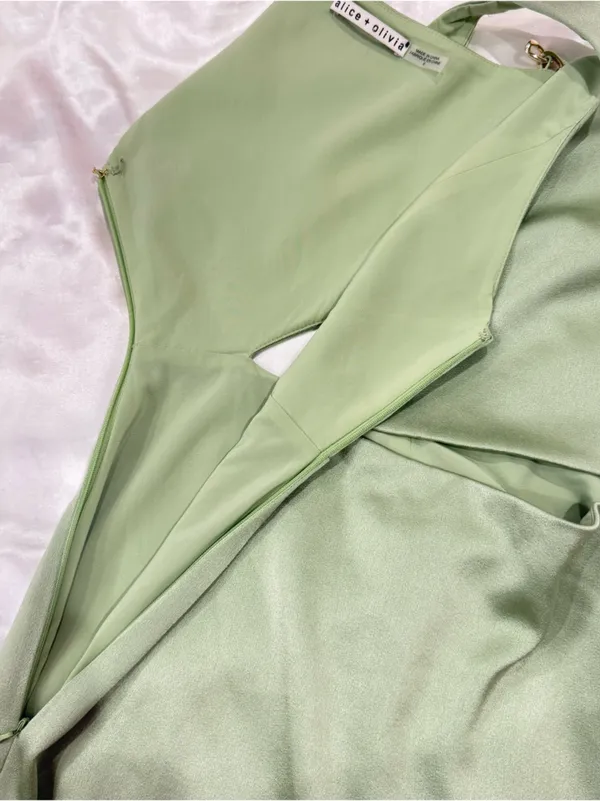 Alice + Olivia Karoline Cutout Mini Dress 6 Green Satin Cocktail Party Spring - Image 10