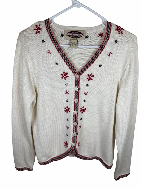 Vintage Sonoma Snowflake Cardigan V-Neck Knit Christmas Fair Isle Ivory Red Sz M - Image 2