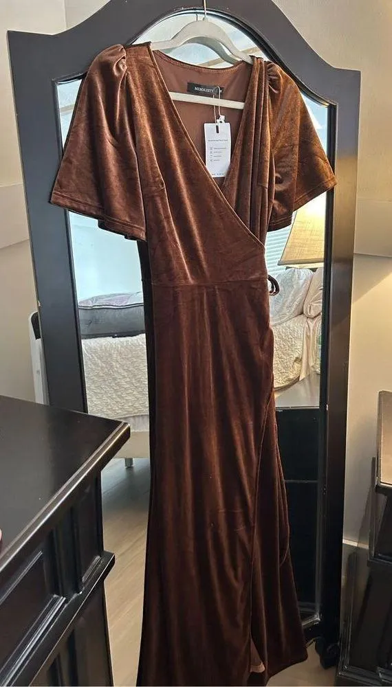 NEW MEROKEETY V Neck Wrap Velvet Maxi Dress Bridesmaid S - Image 5
