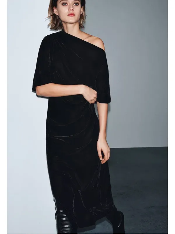 Zara ZW COLLECTION VELVET DRESS Black‎ One-Shoulder Midi Dress - Image 2